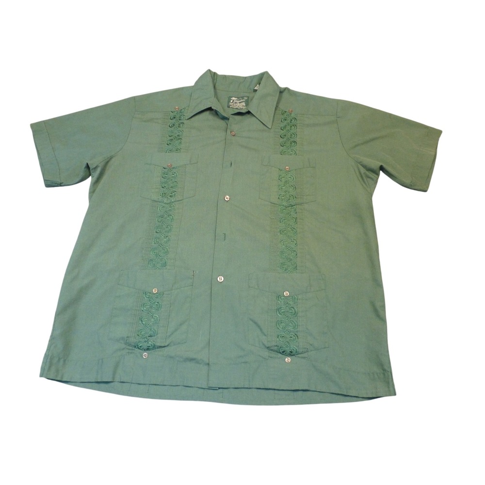 Haband of Paterson Guayabera Shirt Mens XL Green Short Sleeve Embroidered Pocket